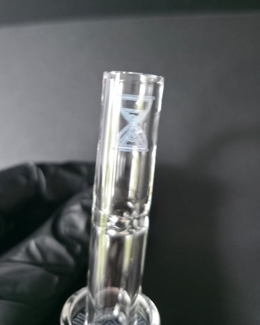 Clear glass quartz banger with threepeaksglassgallery logo on a dark grey background