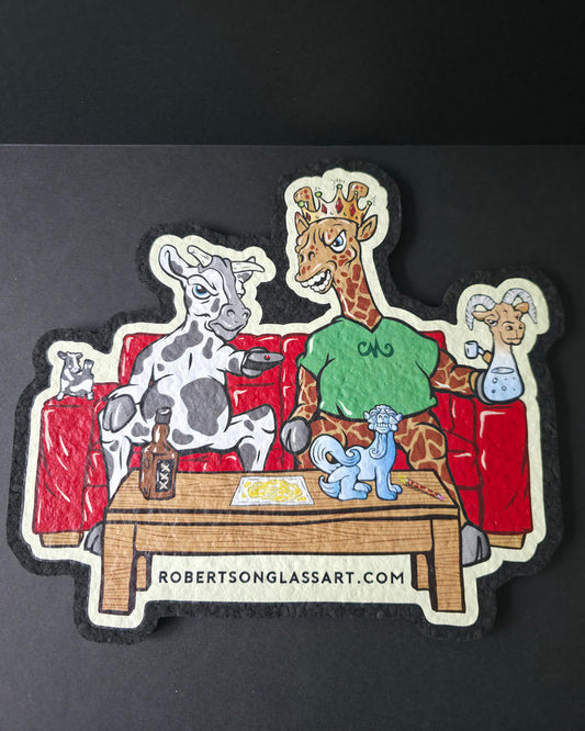 Mood Matt with cartoon animals sitting on a couch, drinking and eating, with 'robertsonglassart.com' text.
