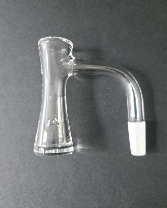 Clear Bronson glass quartz banger on a dark grey background
