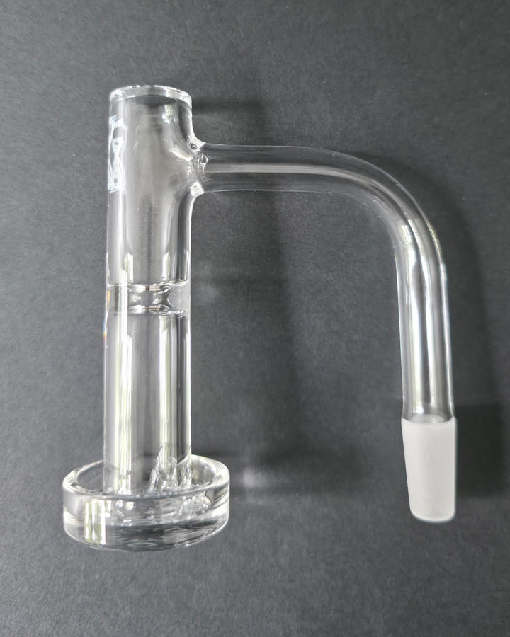 Clear glass quartz banger on a dark grey background