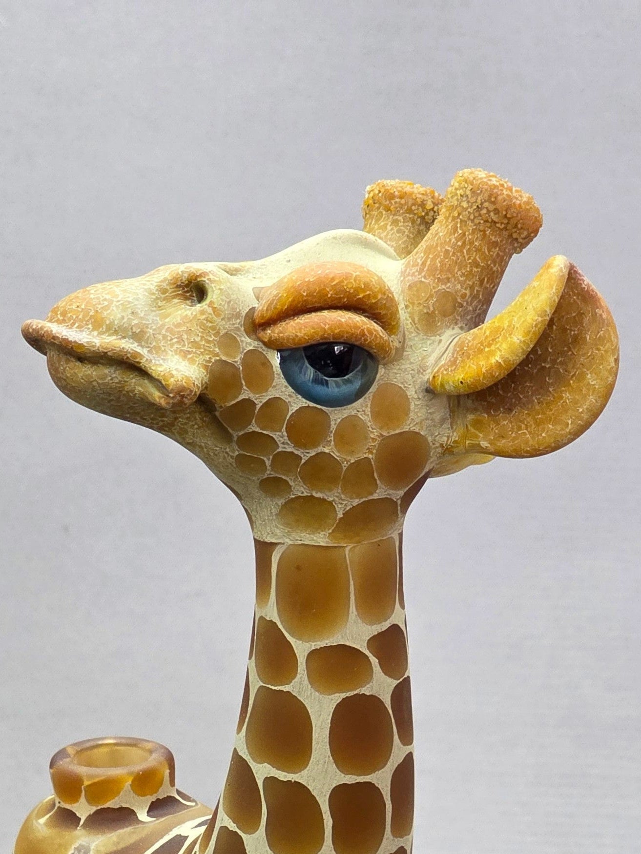 Close-up of a Robertson glass giraffe rig with a grey background.