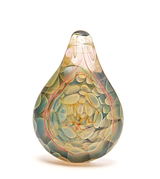 Teardrop-shaped glass sculpture with marbled pattern on a white background
